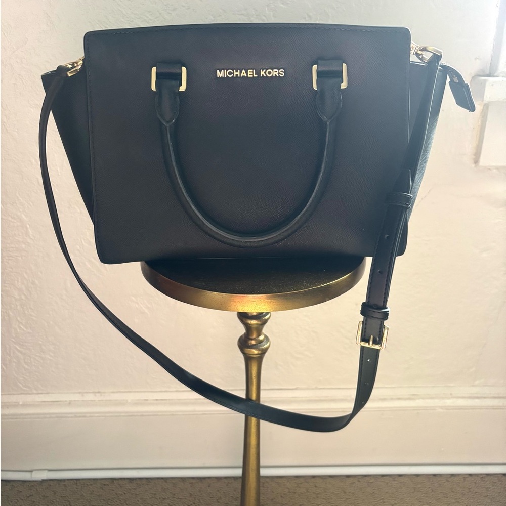 Michael Kors Black Saffiano Leather Satchel with Gold Hardware